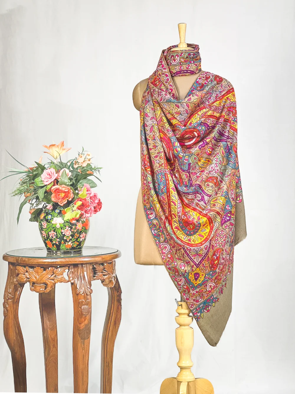 Natural Colour Pure Pashmina Shawl With Pastel Papier Mache Embroidery Natural Colour Pure Pashmina Shawl With Pastel Papier Mache Embroidery