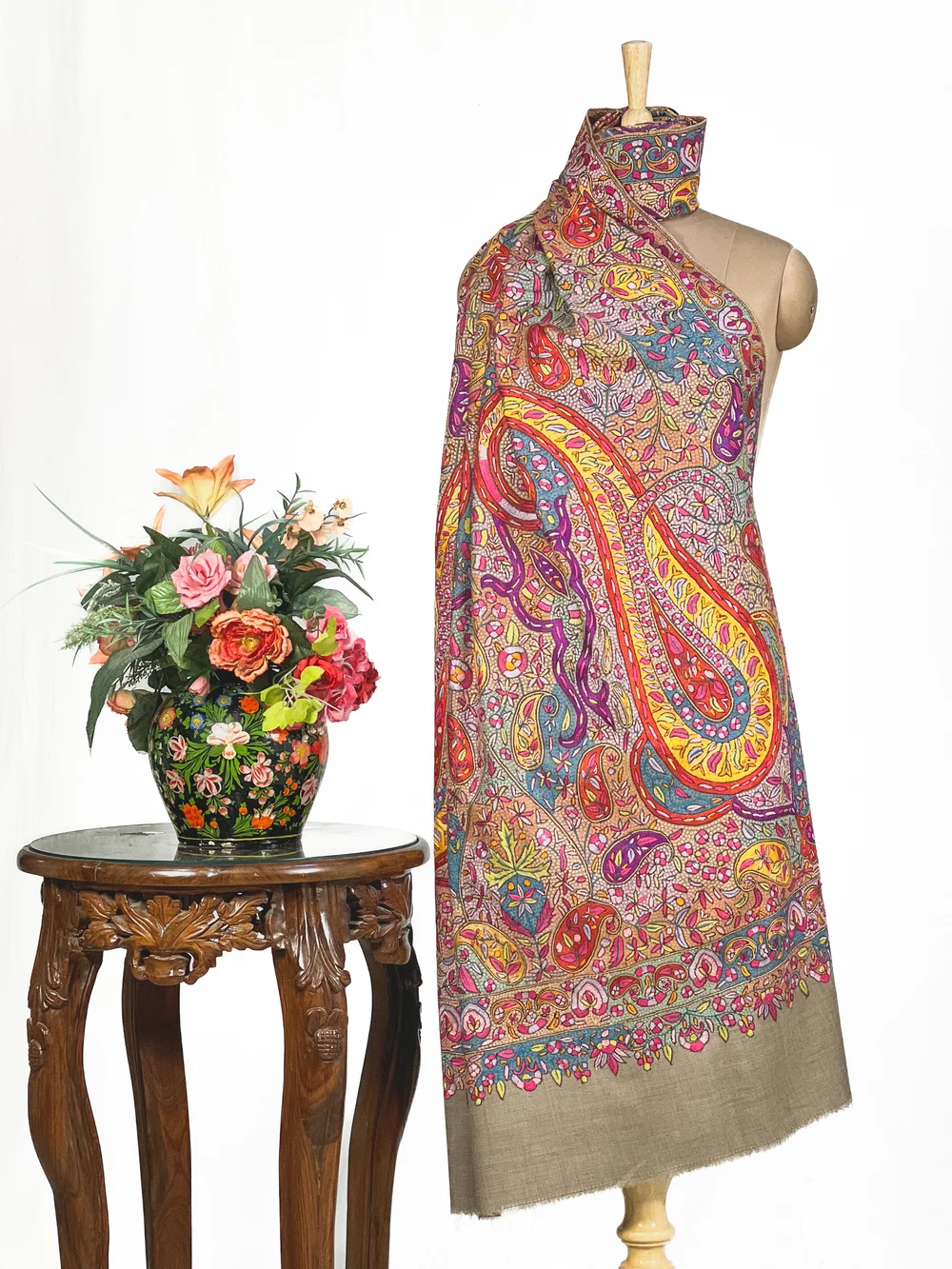 Natural Colour Pure Pashmina Shawl With Pastel Papier Mache Embroidery Natural Colour Pure Pashmina Shawl With Pastel Papier Mache Embroidery