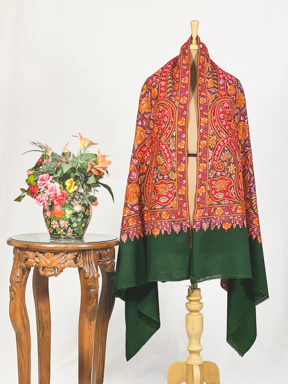 Bottle Green Pure Pashmina With Papier Mache Hand Embroidered Shawl Bottle Green Pure Pashmina With Papier Mache Hand Embroidered Shawl