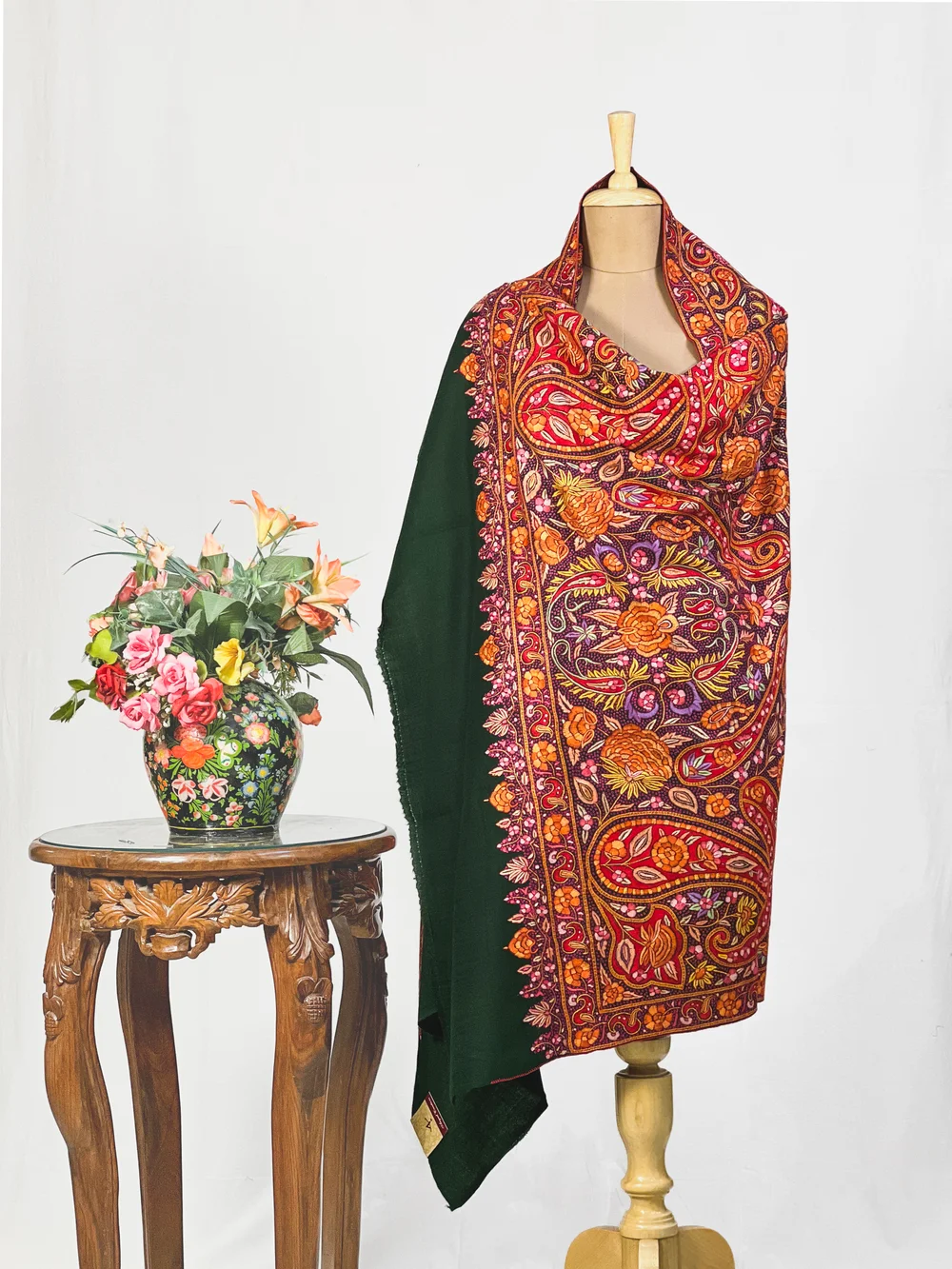 Bottle Green Pure Pashmina With Papier Mache Hand Embroidered Shawl Bottle Green Pure Pashmina With Papier Mache Hand Embroidered Shawl