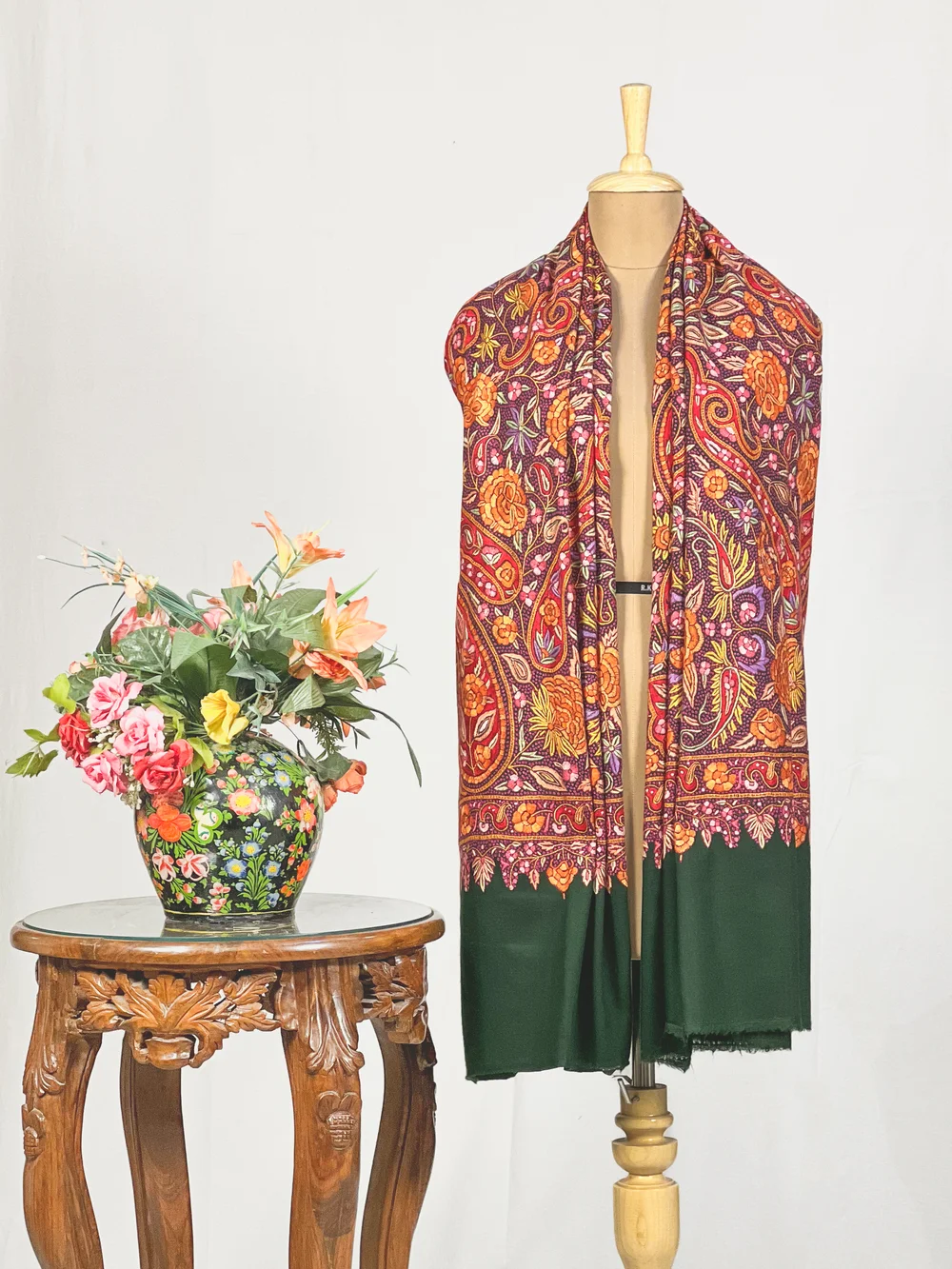 Bottle Green Pure Pashmina With Papier Mache Hand Embroidered Shawl Bottle Green Pure Pashmina With Papier Mache Hand Embroidered Shawl
