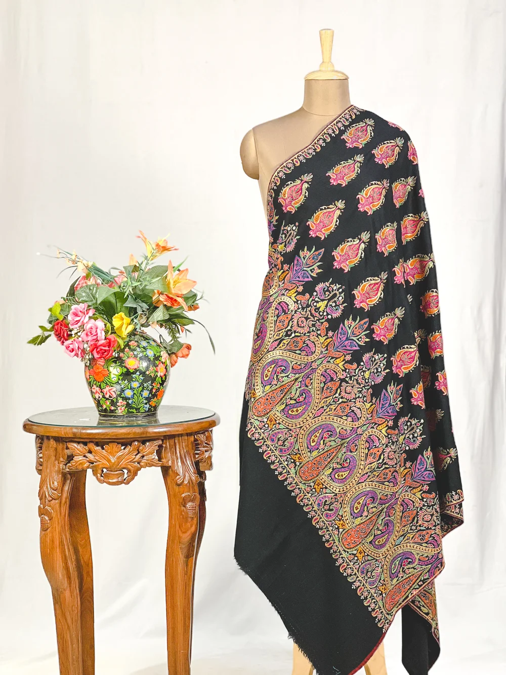 Black Pure Pashmina With Sozni And Tilla Shawl Hand Embroidery Fusion