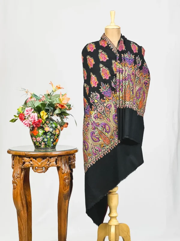 Black Pure Pashmina With Sozni And Tilla Shawl Hand Embroidery Fusion