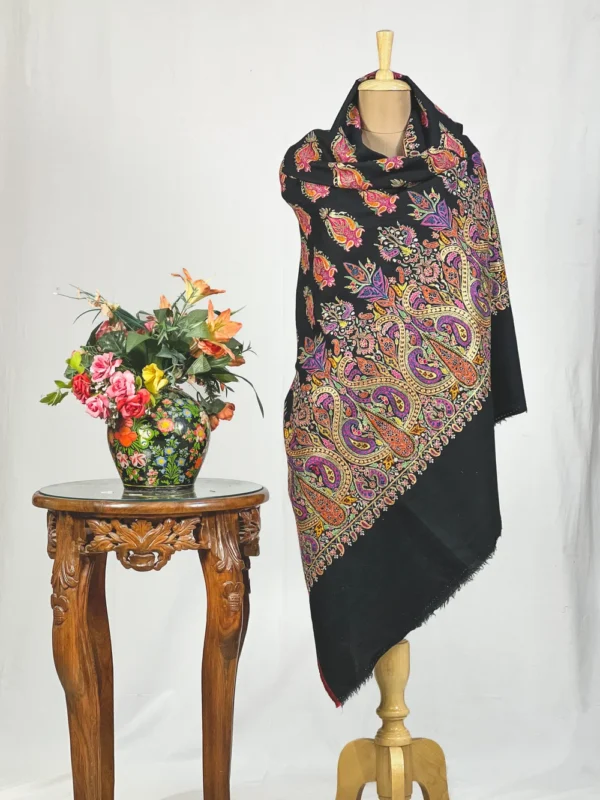 Black Pure Pashmina With Sozni And Tilla Shawl Hand Embroidery Fusion