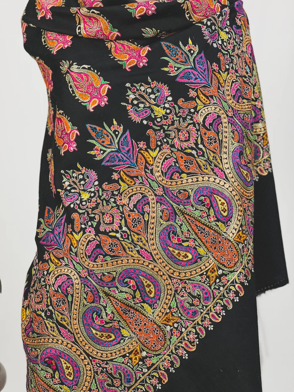 Black Pure Pashmina With Sozni And Tilla Shawl Hand Embroidery Fusion