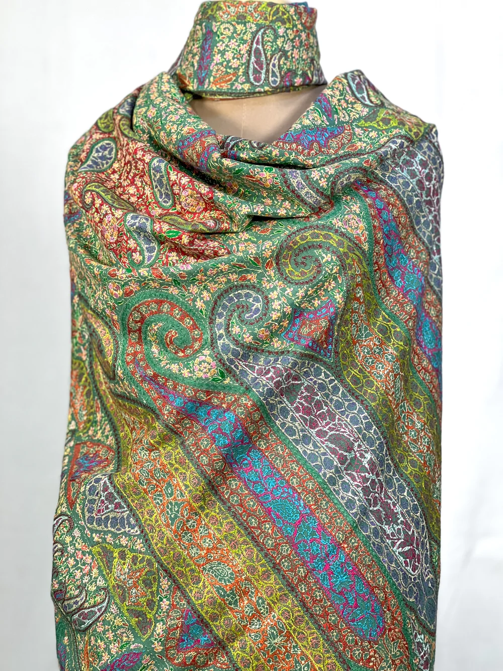 Sage Green Pure Pashmina Shawl With Sozni And Tilla Hand Embroidery