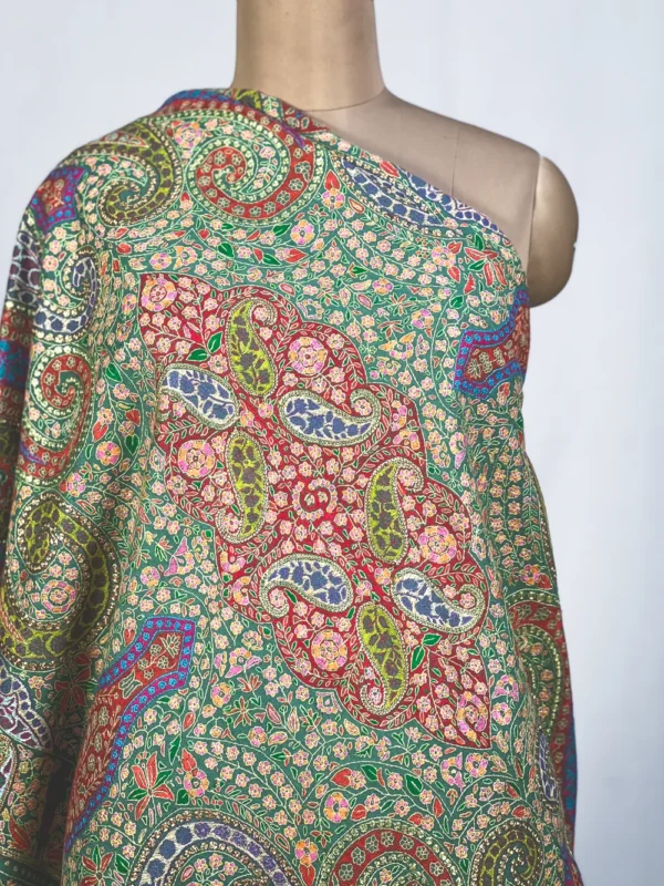 Sage Green Pure Pashmina Shawl With Sozni And Tilla Hand Embroidery