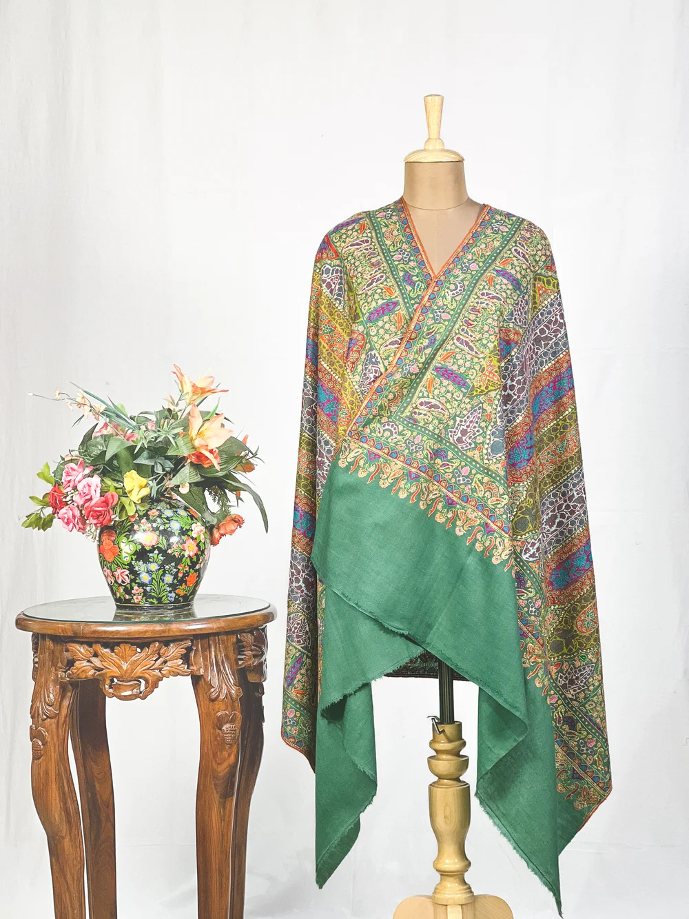 Sage Green Pure Pashmina Shawl With Sozni And Tilla Hand Embroidery