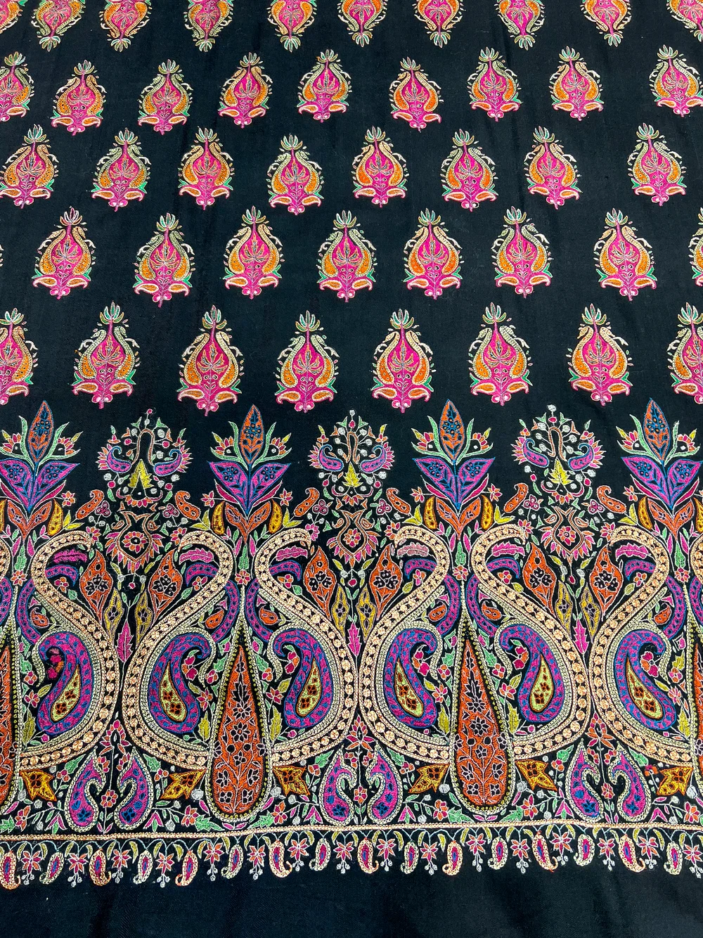 Black Pure Pashmina With Sozni And Tilla Shawl Hand Embroidery Fusion