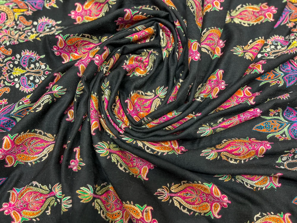 Black Pure Pashmina With Sozni And Tilla Shawl Hand Embroidery Fusion