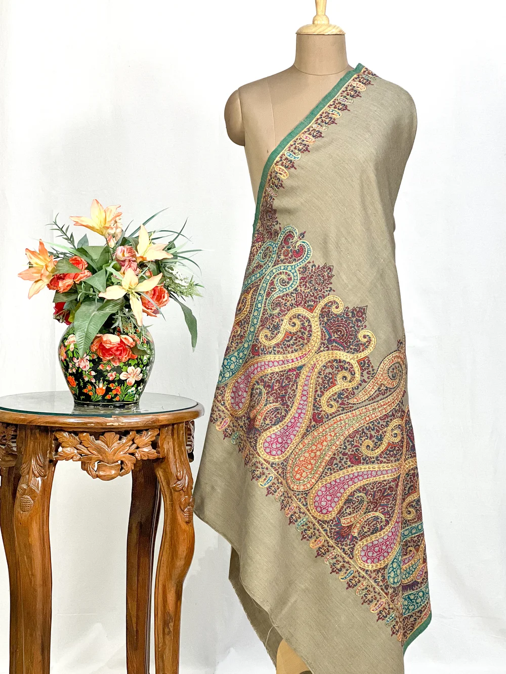 Beige Pure Pashmina Shawl With Jamawar Embroidery