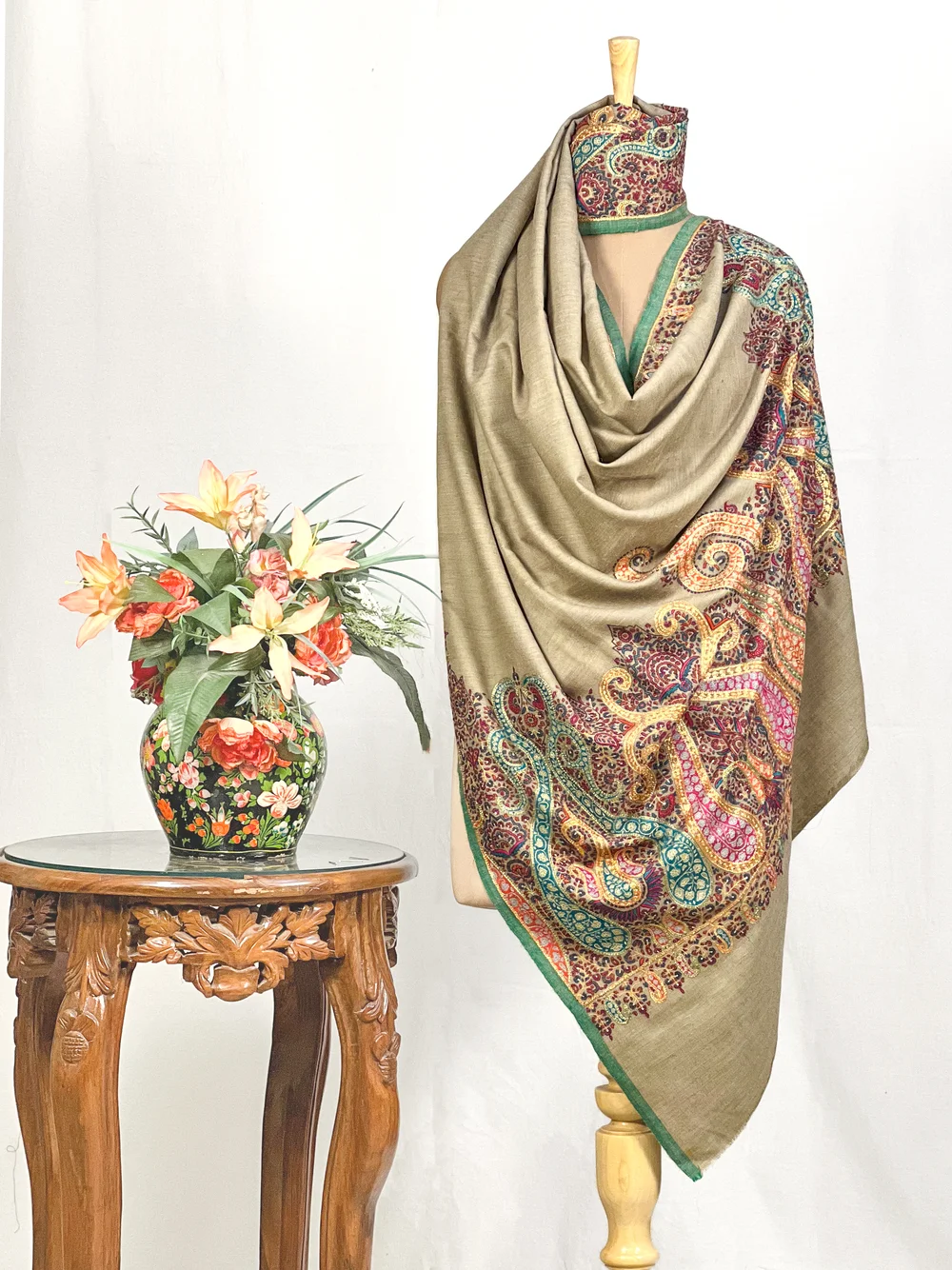 Beige Pure Pashmina Shawl With Jamawar Embroidery