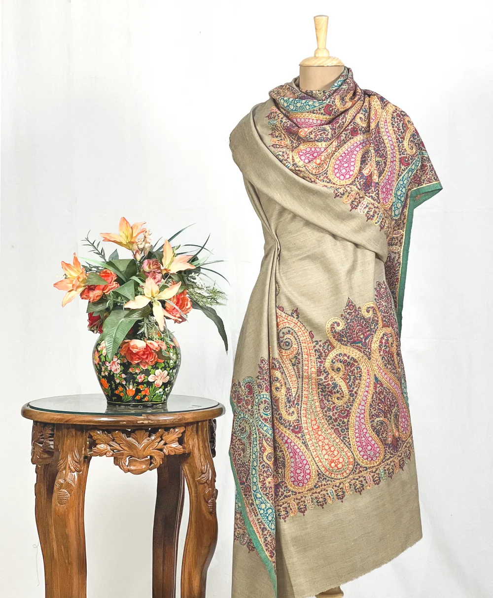 Beige Pure Pashmina Shawl With Jamawar Embroidery