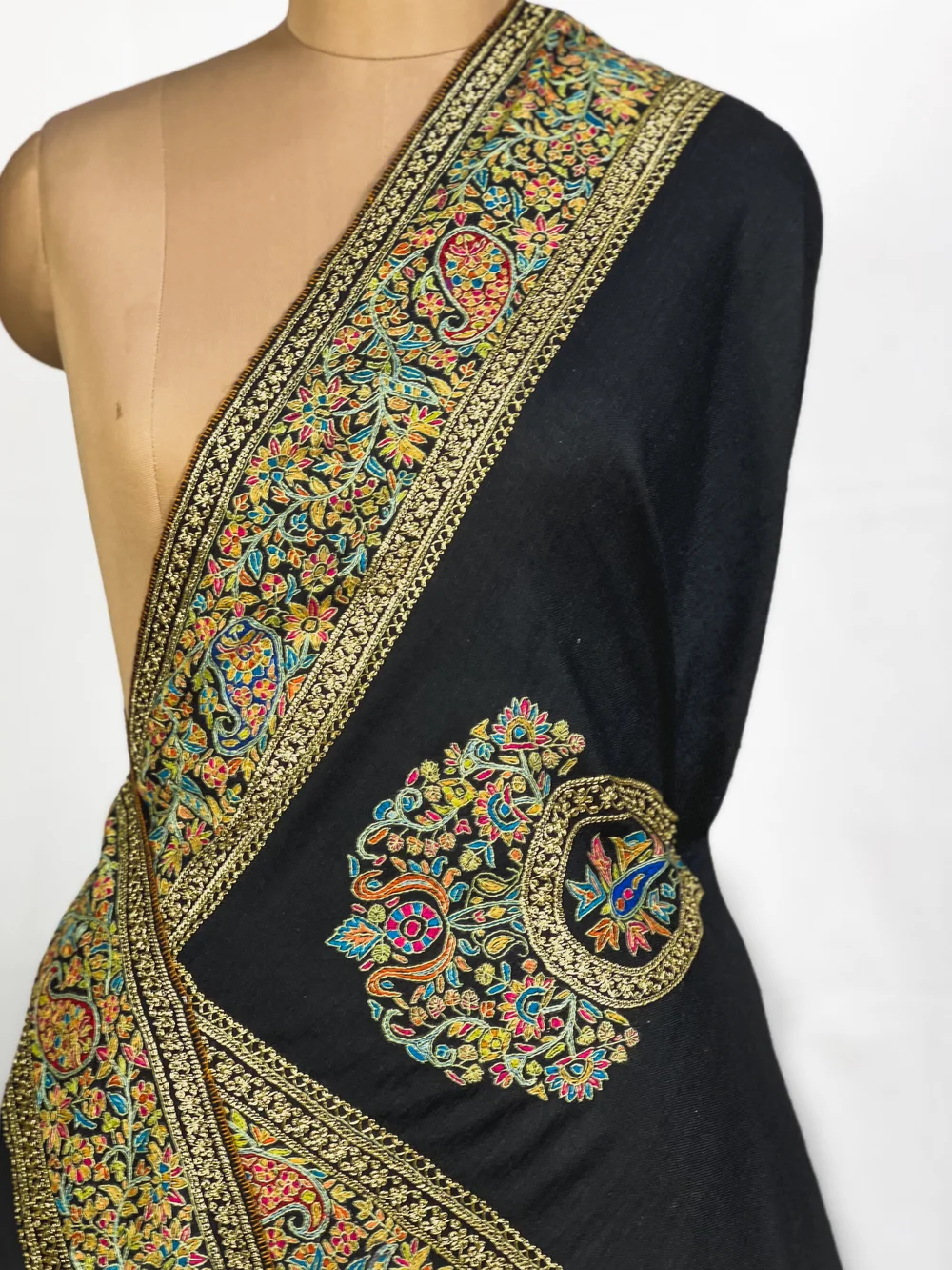 Black Pure Pashmina Shawl With Papier Mache and Tilla Border Design