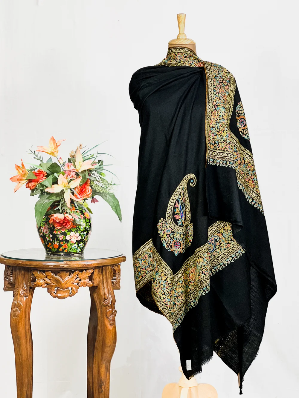Black Pure Pashmina Shawl With Papier Mache and Tilla Border Design