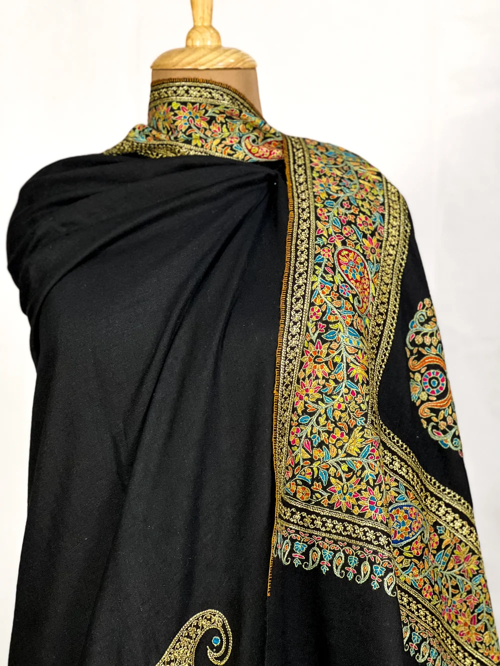 Black Pure Pashmina Shawl With Papier Mache and Tilla Border Design
