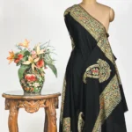 Black Pure Pashmina Shawl With Papier Mache and Tilla Border Design