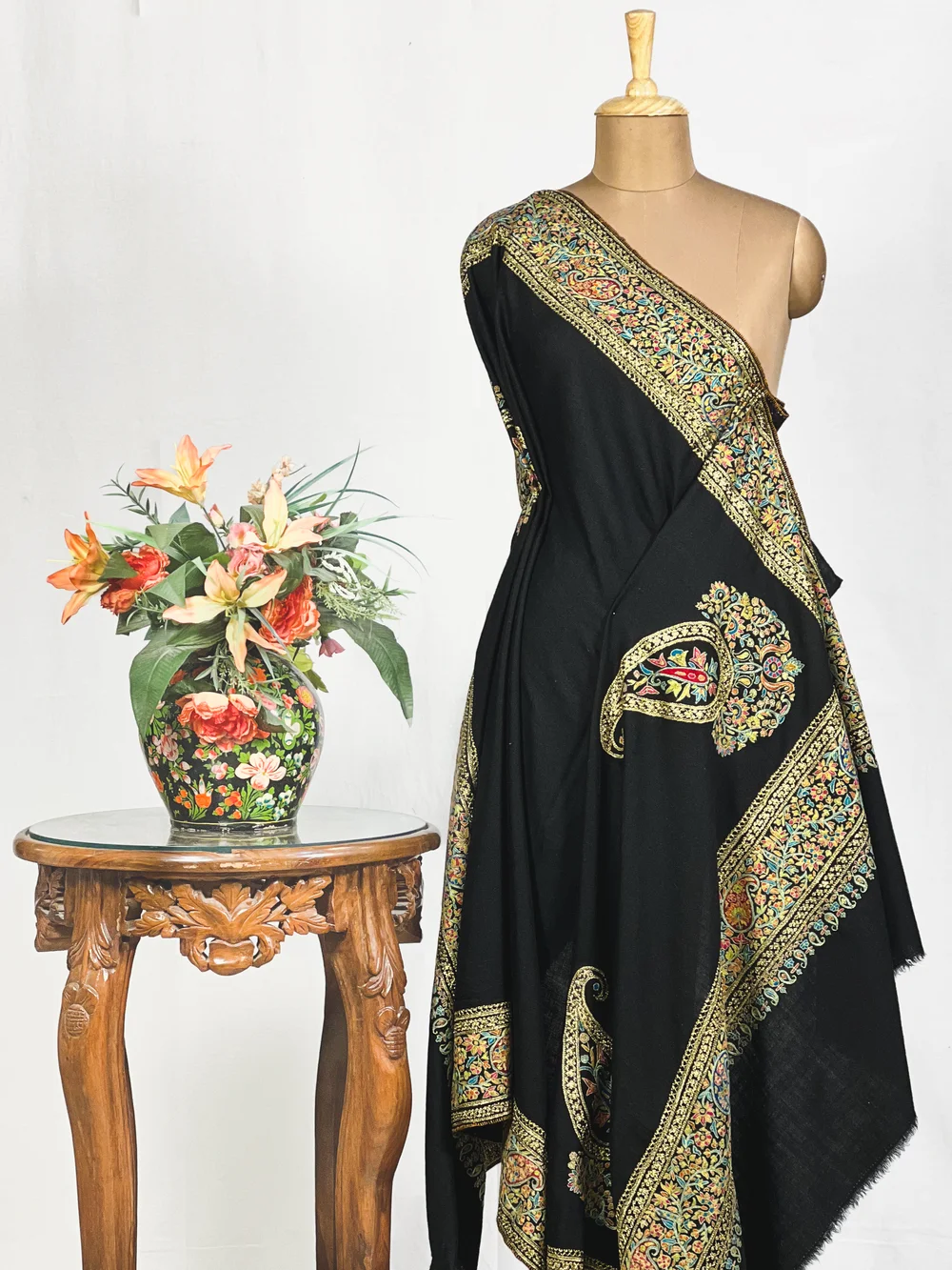 Black Pure Pashmina Shawl With Papier Mache and Tilla Border Design