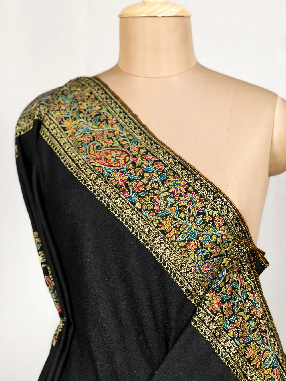 Black Pure Pashmina Shawl With Papier Mache and Tilla Border Design