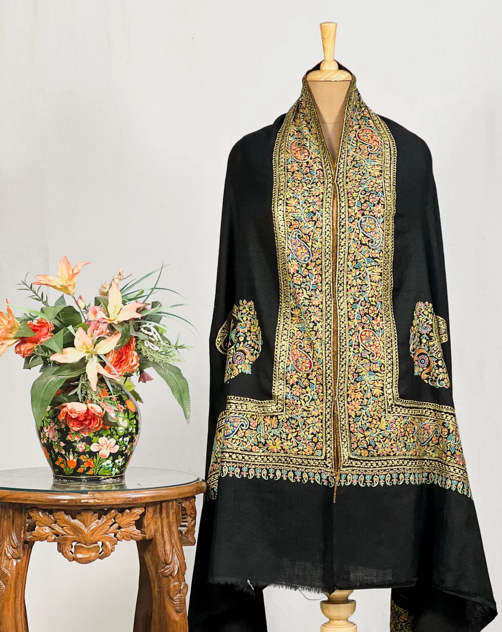 Black Pure Pashmina Shawl With Papier Mache and Tilla Border Design