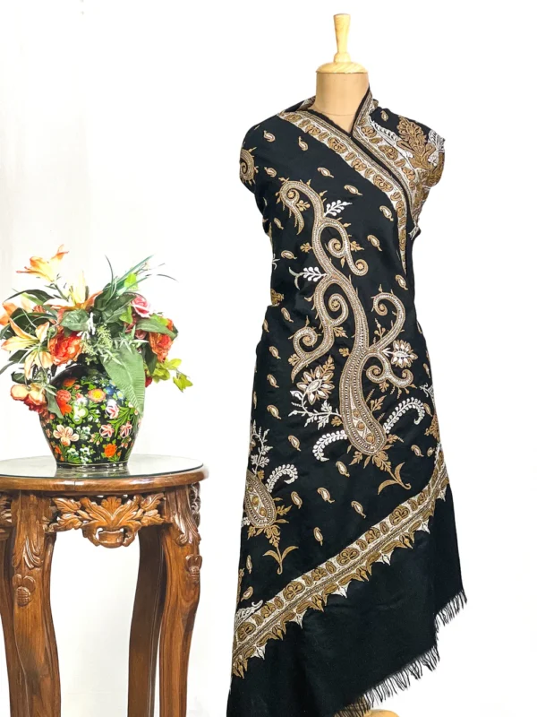 Black Pure Pashmina Sozni Shawl With Tilla Hand Embroidery