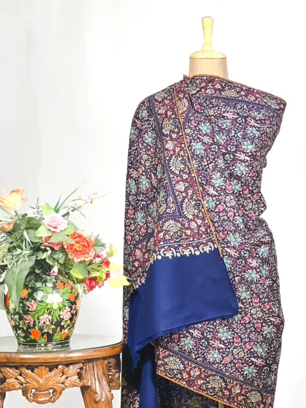 Navy Blue Pure Pashmina Shawl With Sozni Hand Embroidery
