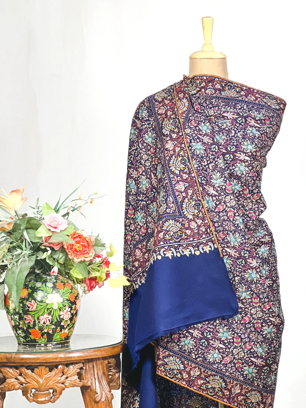 Navy Blue Pure Pashmina Shawl With Sozni Hand Embroidery