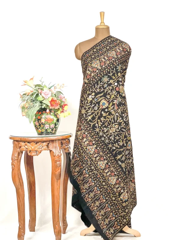 Black Pure Pashmina Shawl With Thread and Tilla Jaal Hand Embroidery