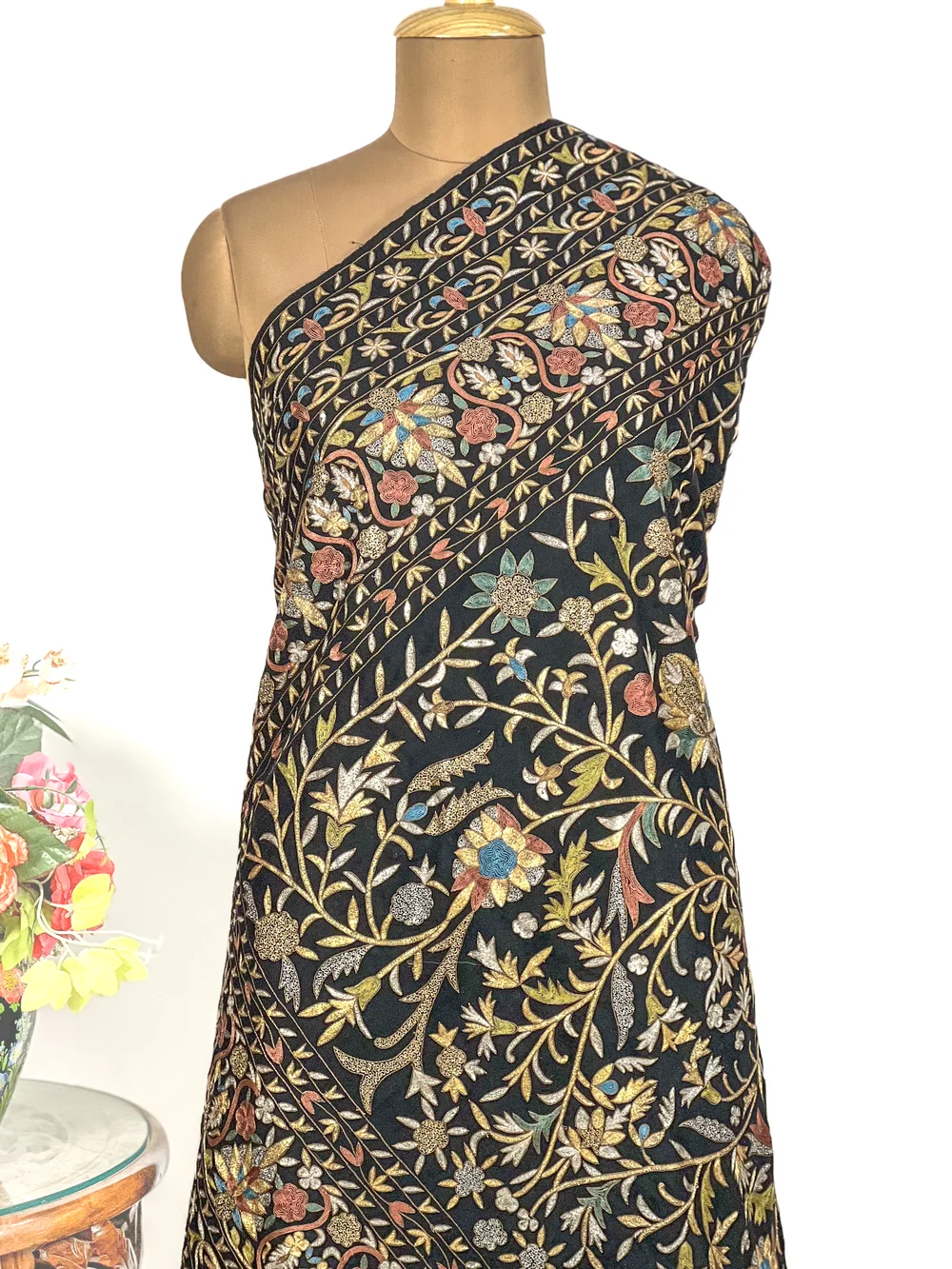 Black Pure Pashmina Shawl With Thread and Tilla Jaal Hand Embroidery