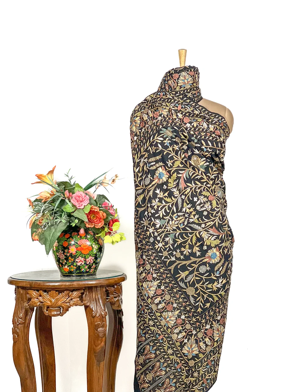 Black Pure Pashmina Shawl With Thread and Tilla Jaal Hand Embroidery