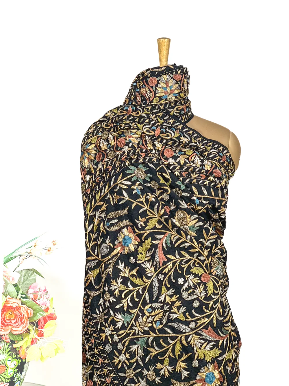 Black Pure Pashmina Shawl With Thread and Tilla Jaal Hand Embroidery