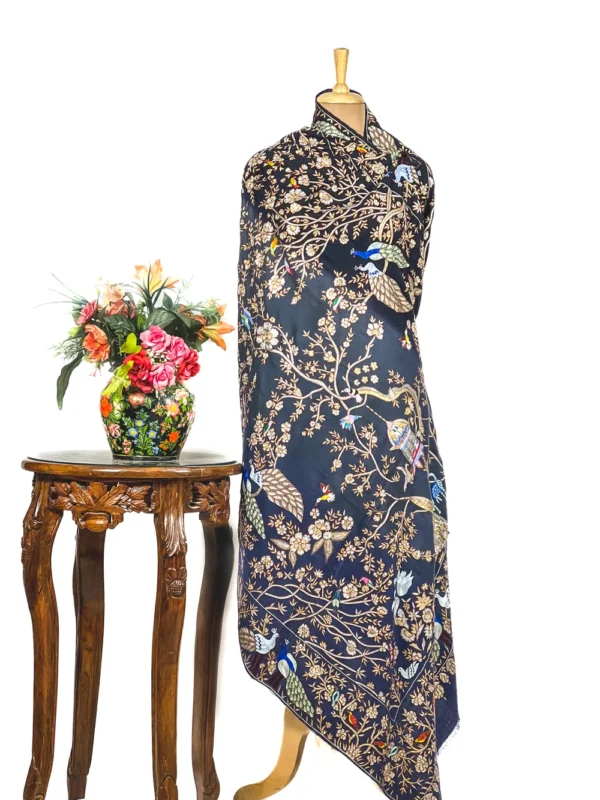 Black And Grey Ombre Pure Pashmina Shawl With Tilla Jaal Embroidery