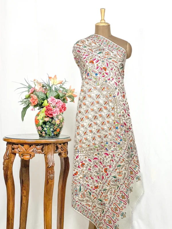 White Pure Pashmina Shawl With Tilla and Thread Jaal Hand Embroidery