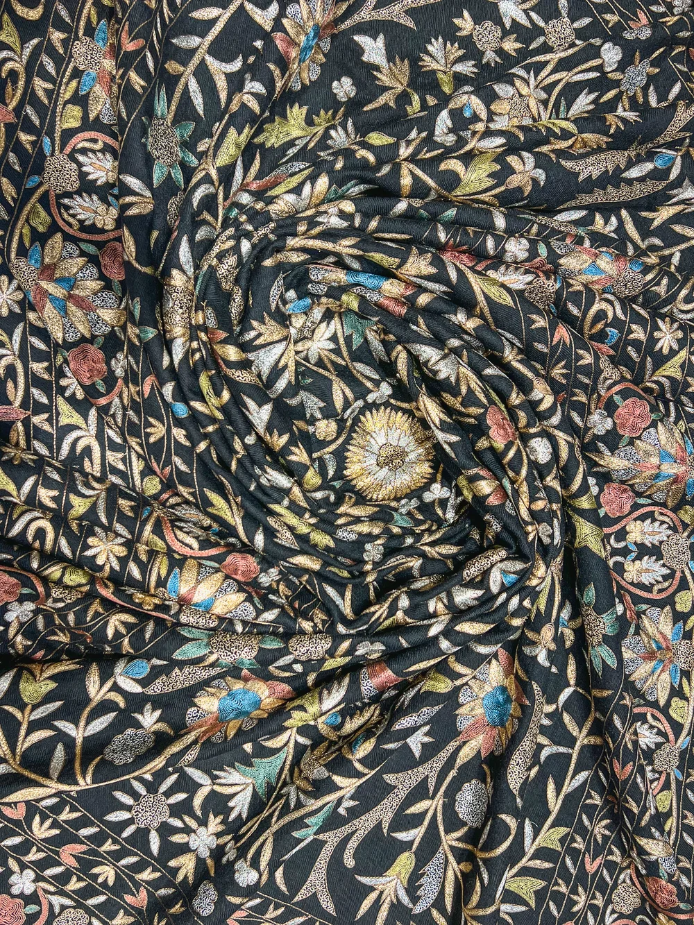 Black Pure Pashmina Shawl With Thread and Tilla Jaal Hand Embroidery