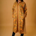 Fawn Kashmiri Long Coat with Aari Jaal Embroidery