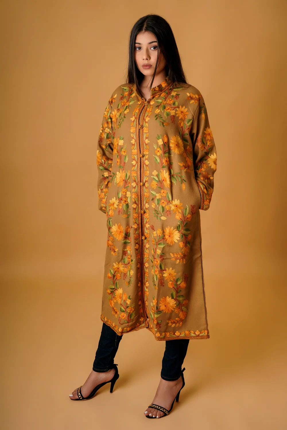 Fawn Kashmiri Long Coat with Aari Jaal Embroidery