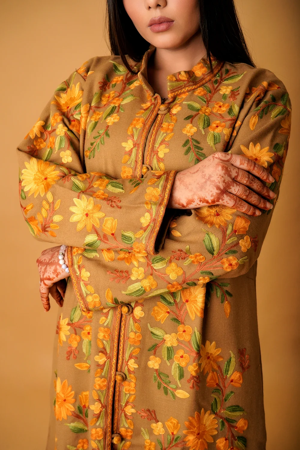 Fawn Kashmiri Long Coat with Aari Jaal Embroidery
