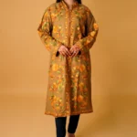 Fawn Kashmiri Long Coat with Aari Jaal Embroidery