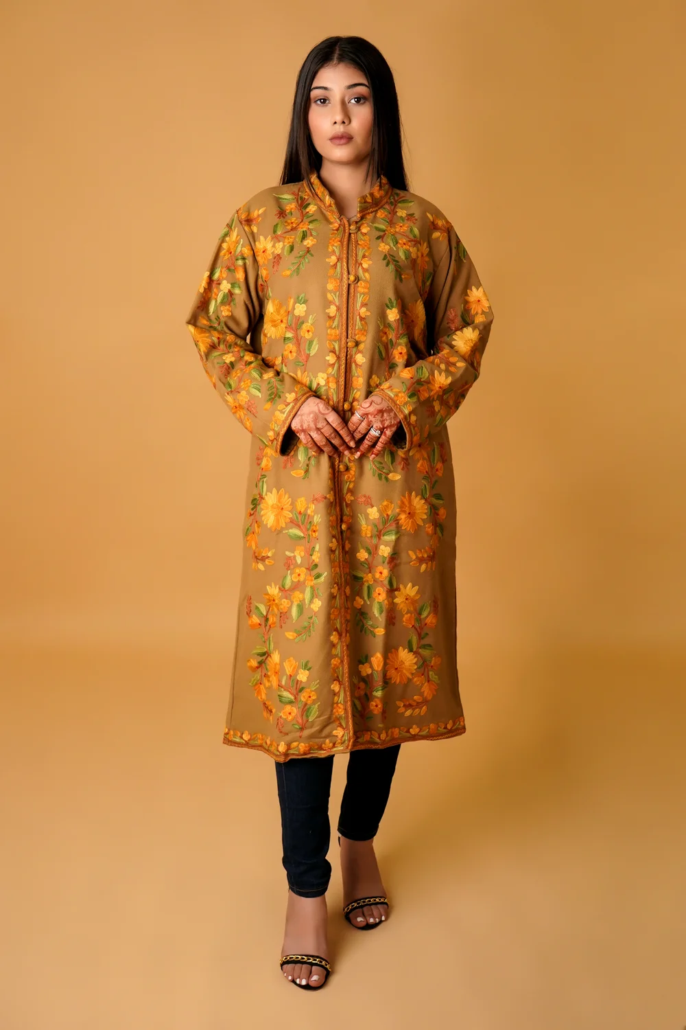 Fawn Kashmiri Long Coat with Aari Jaal Embroidery