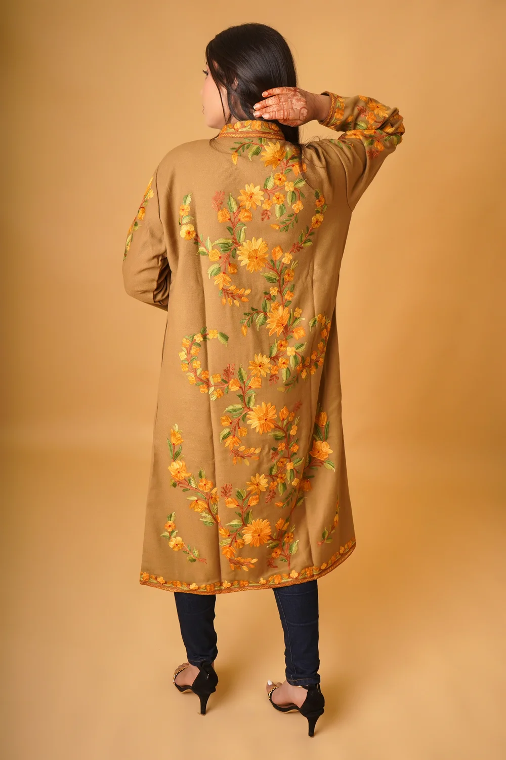 Fawn Kashmiri Long Coat with Aari Jaal Embroidery