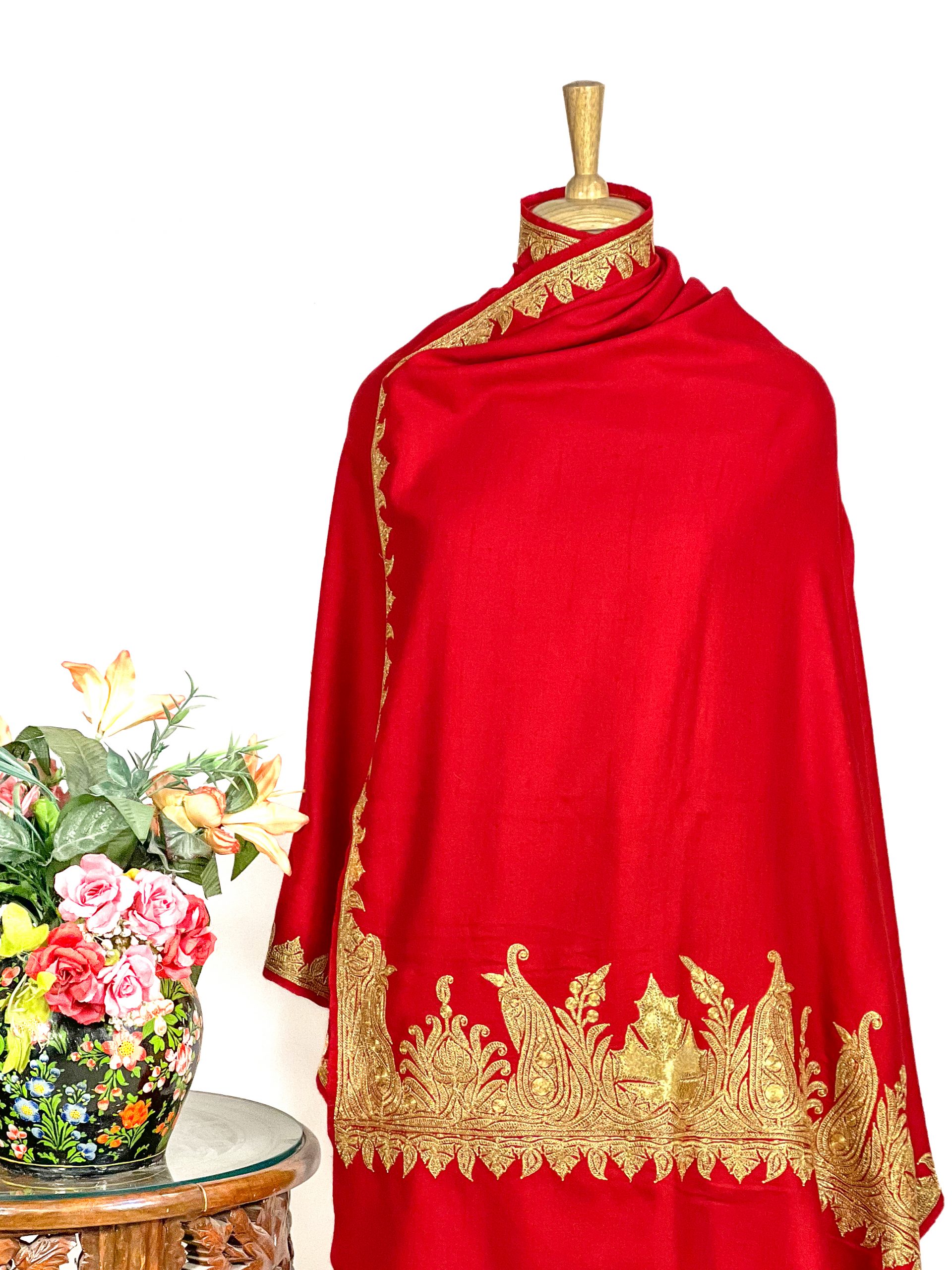 IMG_3610Red Pure Pashmina Shawl With Tilla Hand Embroidery Red Pure Pashmina Shawl With Tilla Hand Embroidery