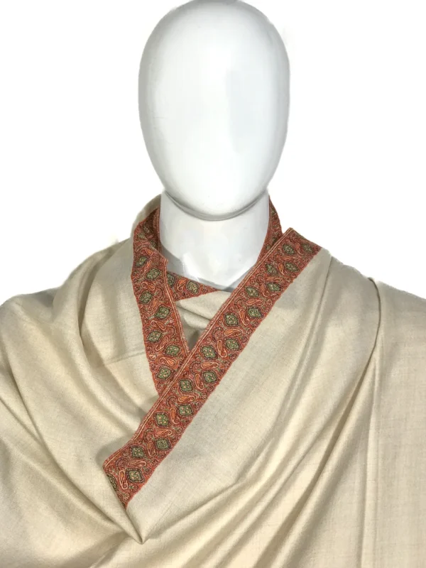 Cream Gents Pure Pashmina Shawl With Sozni Hand Embroidery