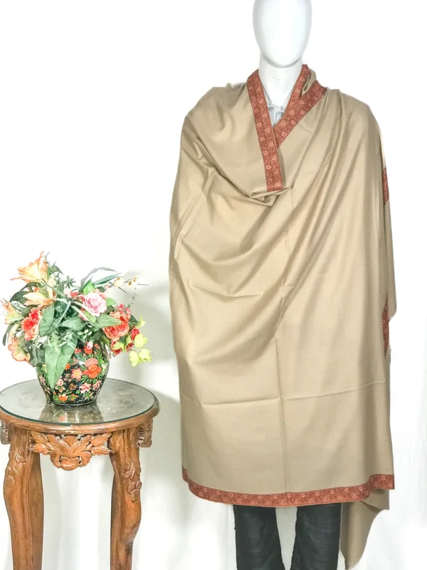 Beige Pure Pashmina Sozni Shawl With Hand Embroidery