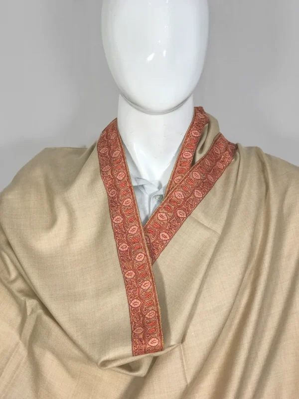 Beige Pure Pashmina Sozni Shawl With Hand Embroidery