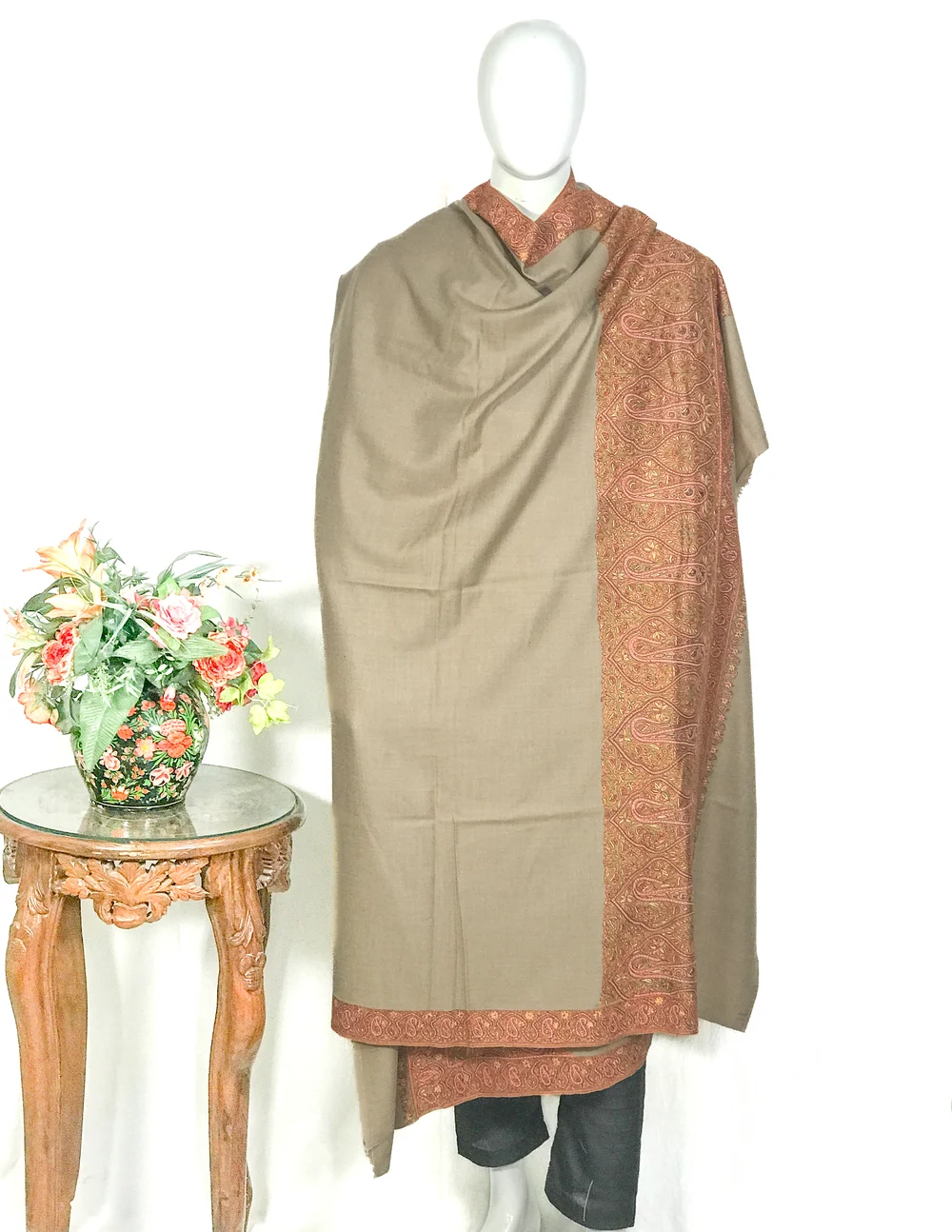 Dark Beige Pure Pashmina Shawl With Hand Embroidered Sozni Palla