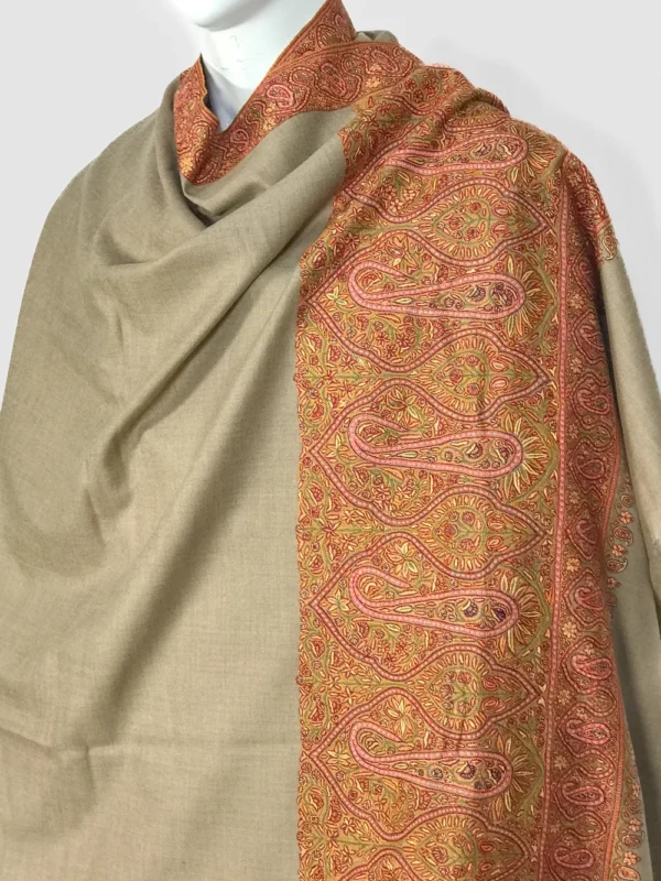Dark Beige Pure Pashmina Shawl With Hand Embroidered Sozni Palla