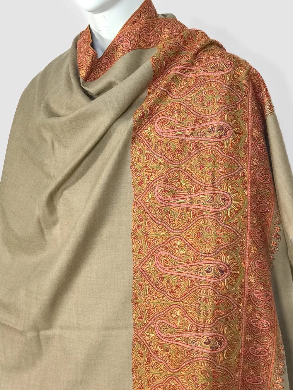 Dark Beige Pure Pashmina Shawl With Hand Embroidered Sozni Palla