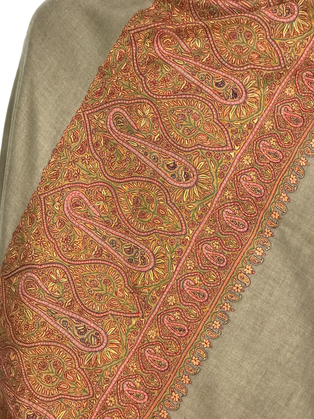 Dark Beige Pure Pashmina Shawl With Hand Embroidered Sozni Palla