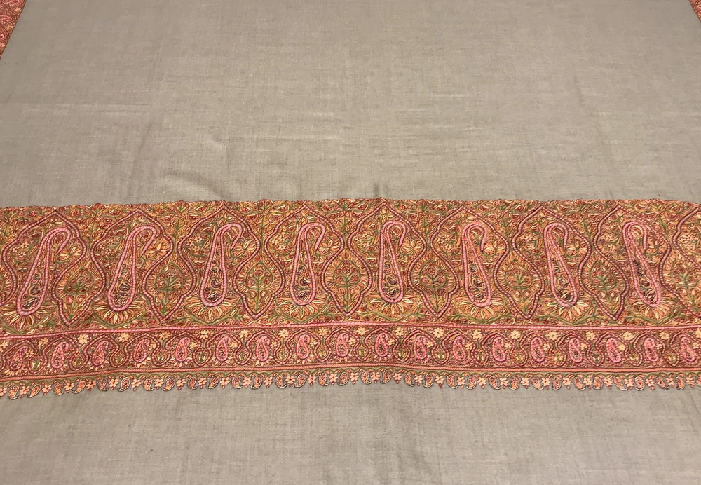 Dark Beige Pure Pashmina Shawl With Hand Embroidered Sozni Palla