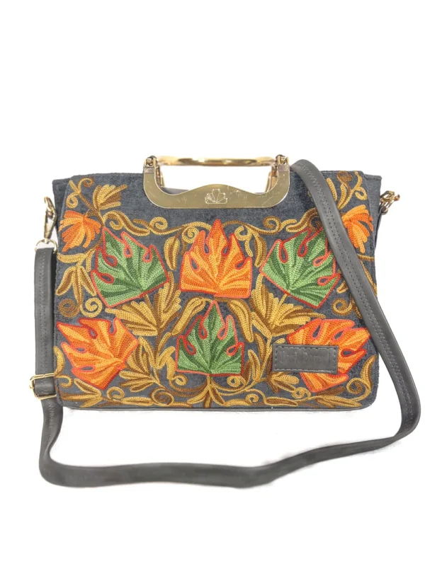 Grey Kashmiri Women Top Handle Bag with Aari Embroidery